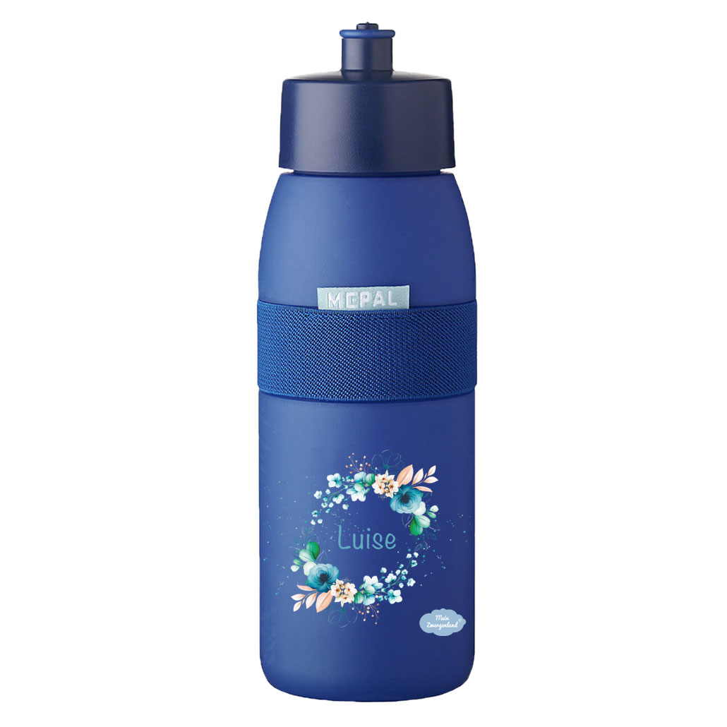 Sporttrinkflasche Ellipse in Vivid Blue mit Name und Motiv Blütenkranz