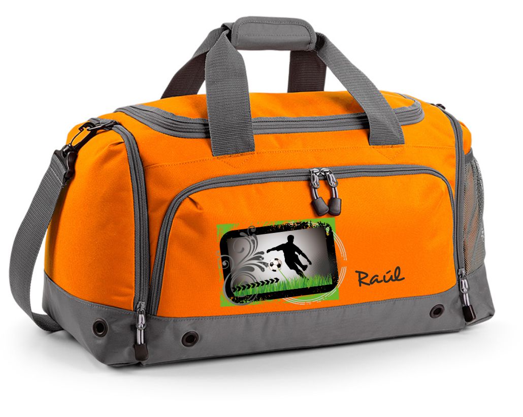 Multi-Sporttasche 41L mit Schuhfach und Feuchtfach in Orange mit Name und Fußballspieler