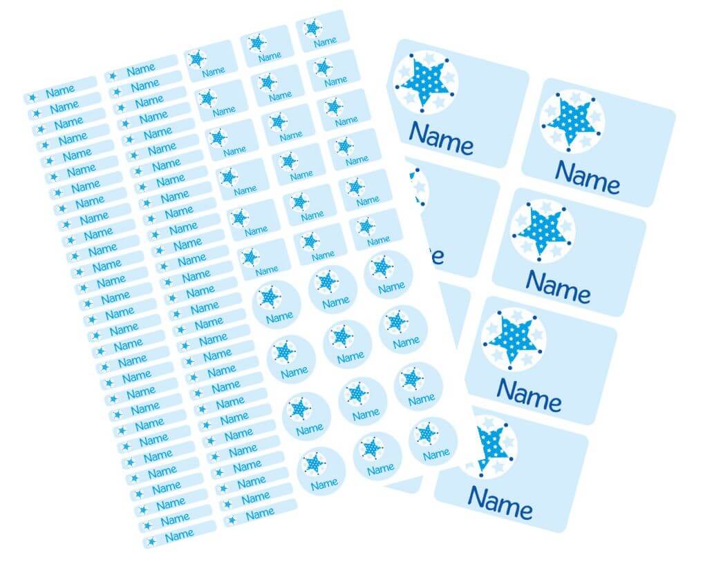 Schulstarter - Set Stickerbogen mit Namensaufkleber und Heftaufkleber Stern blau