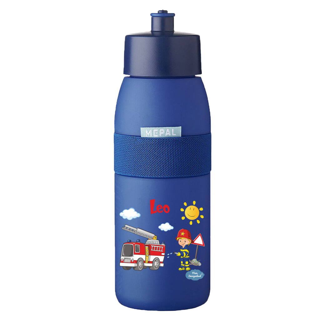 Sporttrinkflasche Ellipse in Vivid Blue mit Name und Motiv Feuerwehr