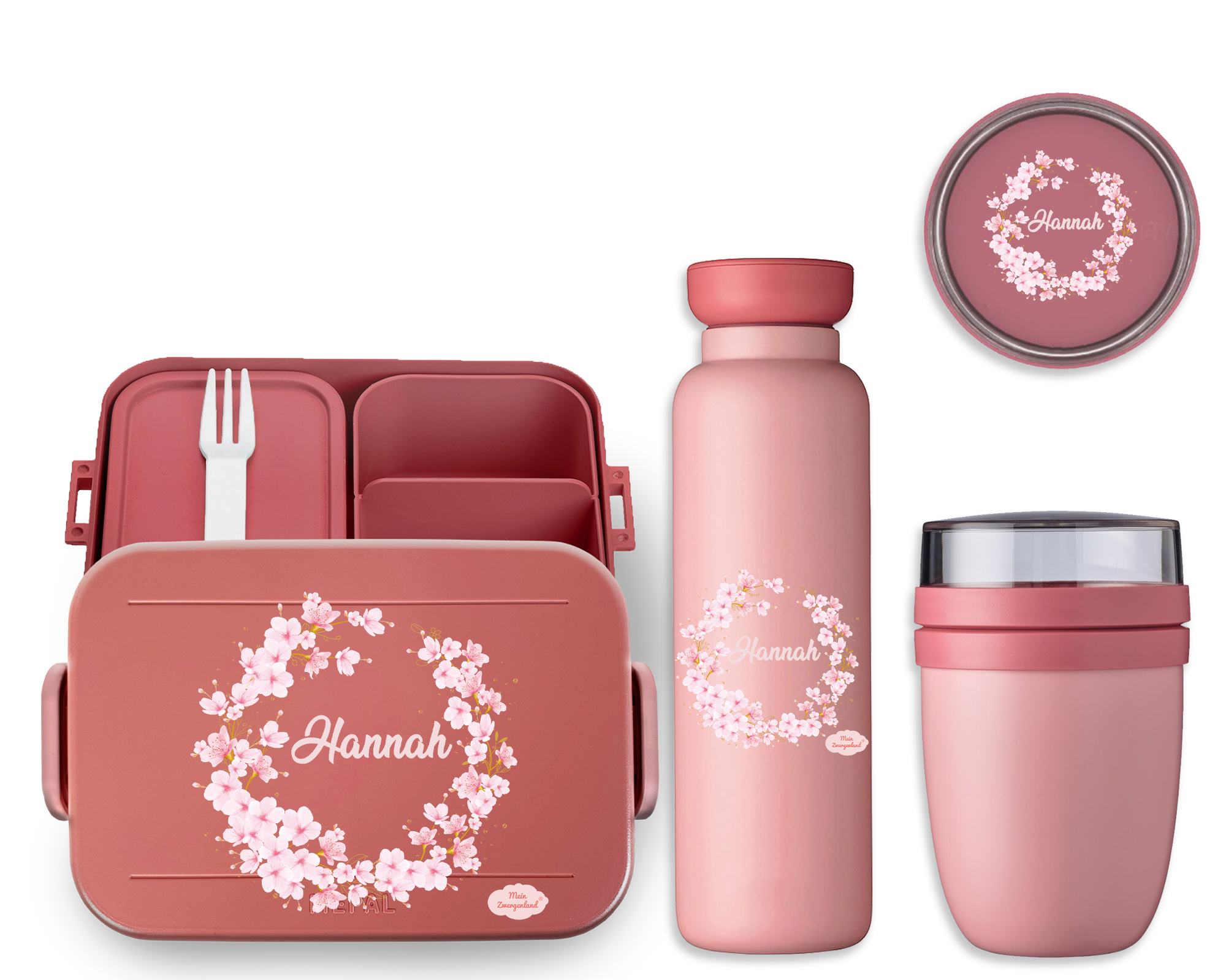 Bento Brotdose Take A Break midi - Thermoflasche Ellipse - Thermo-Lunchpot in Mauve Pink mit Name und Blütenkranz