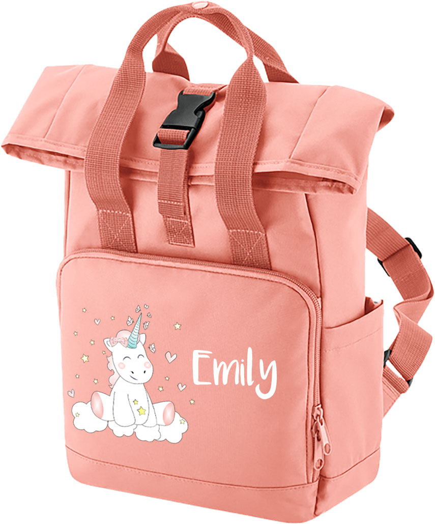 Kinderrucksack Roll-Top Recycled Blush Pink mit Name und Motiv Einhorn Cutie