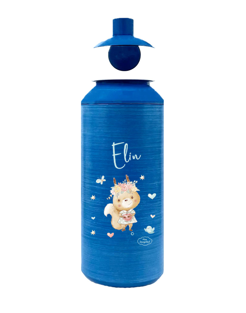 Trinkflasche Mepal Campus Pop-Up Frosted Edition in Blau mit Name und Motiv Eichhörnchen mit Blumenkranz