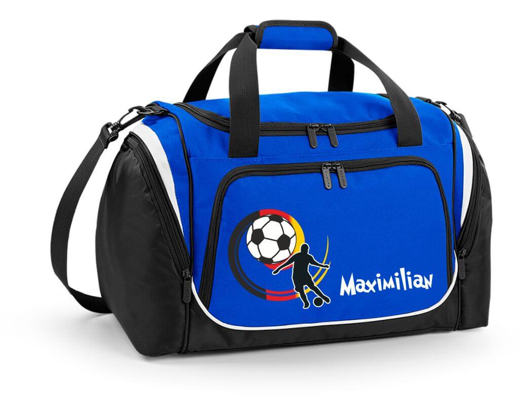 Sporttasche 39L mit Feuchtfach in Royal Blau mit Name und Fußball Spieler Deutschland