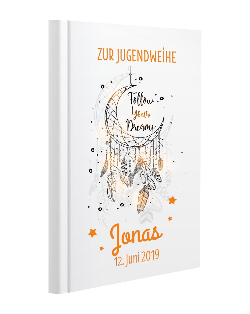 Personalisiertes Gästebuch zur Jugendweihe mit Namen und Datum Traumfänger orange
