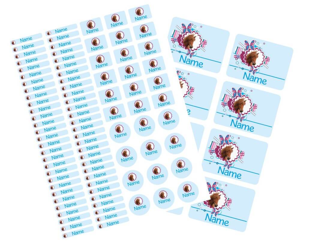 Schulstarter - Set Stickerbogen mit Namensaufkleber und Heftaufkleber Pferdekopf