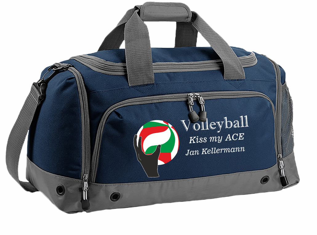 Multi-Sporttasche 41L mit Schuhfach und Feuchtfach in Navy Blau mit Name und Volleyball