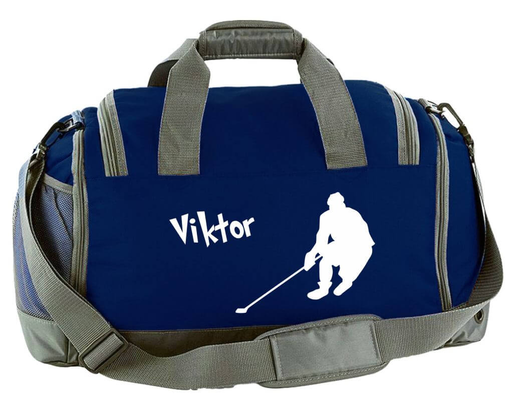 Multi-Sporttasche 41L mit Schuhfach und Feuchtfach in Navy Blau mit Name und Eishockey