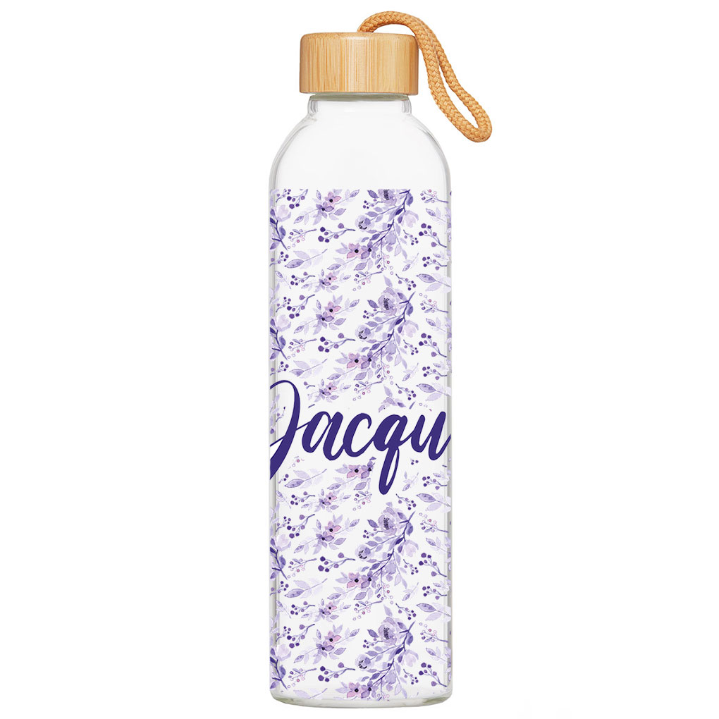 Glasflasche Luna mit Flower lila mit Name personalisiert