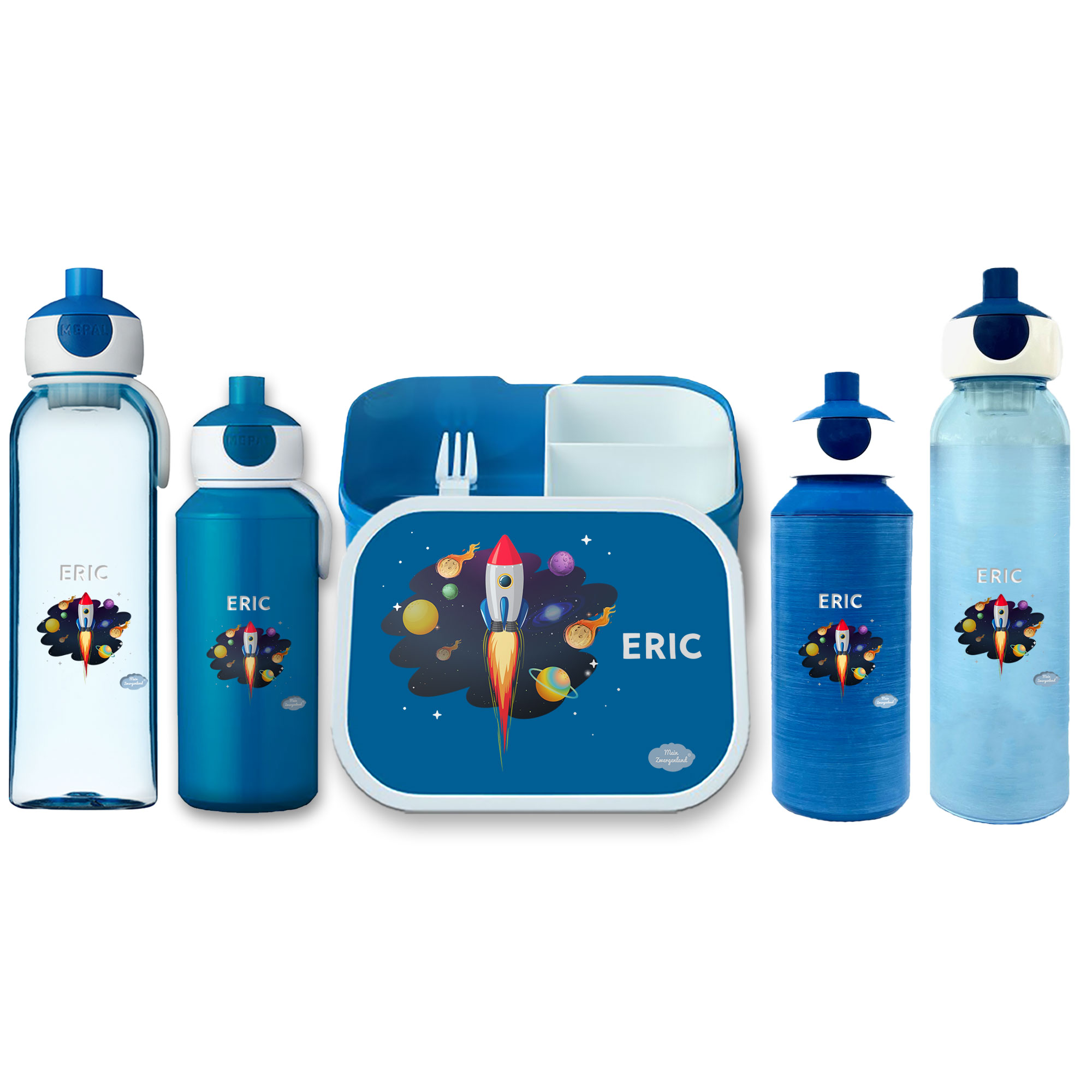 Brotdose Campus mit Bento-Einsatz - Trinkflasche Blau mit Name und Motiv Weltraum Rakete