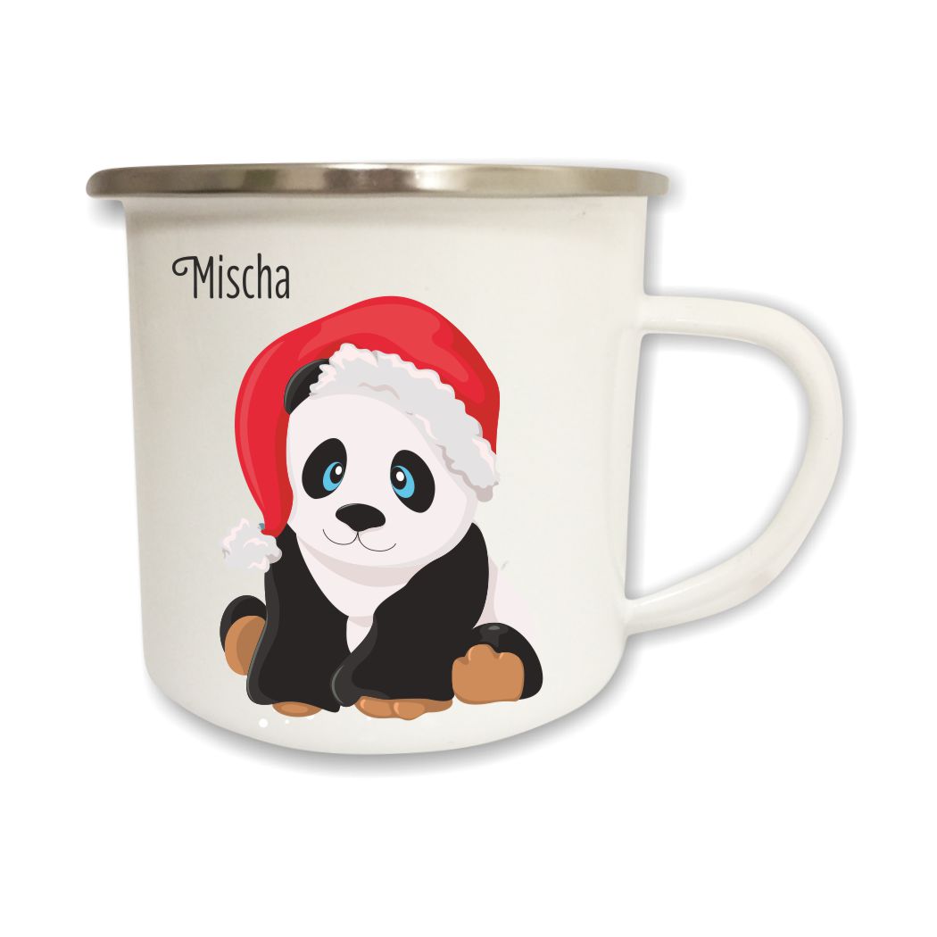 Emailletasse Weihnachten Panda mit Name