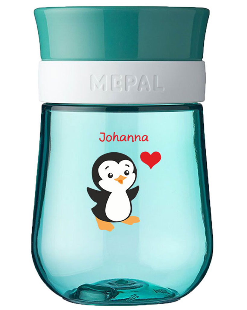 Mepal Trinklernbecher Mio in Türkis mit Name und Motiv Pinguin mit Herz