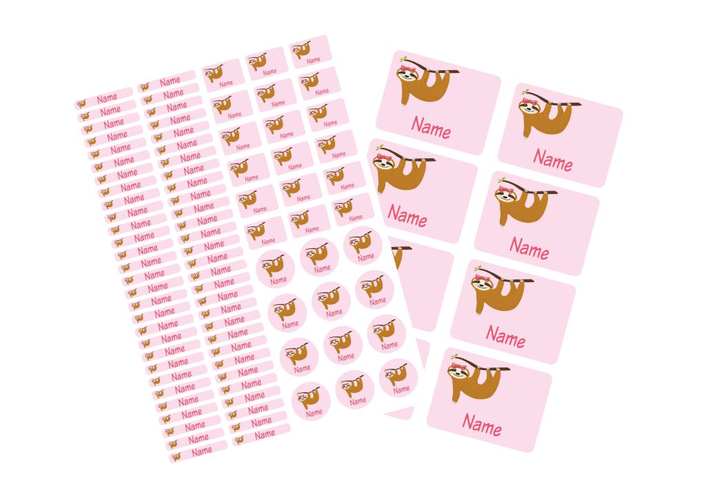 Schulstarter - Set Stickerbogen mit Namensaufkleber und Heftaufkleber Faultier Mädchen