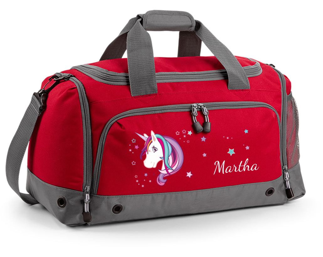 Multi-Sporttasche 41L mit Schuhfach und Feuchtfach in Rot mit Name und Einhorn Beauty