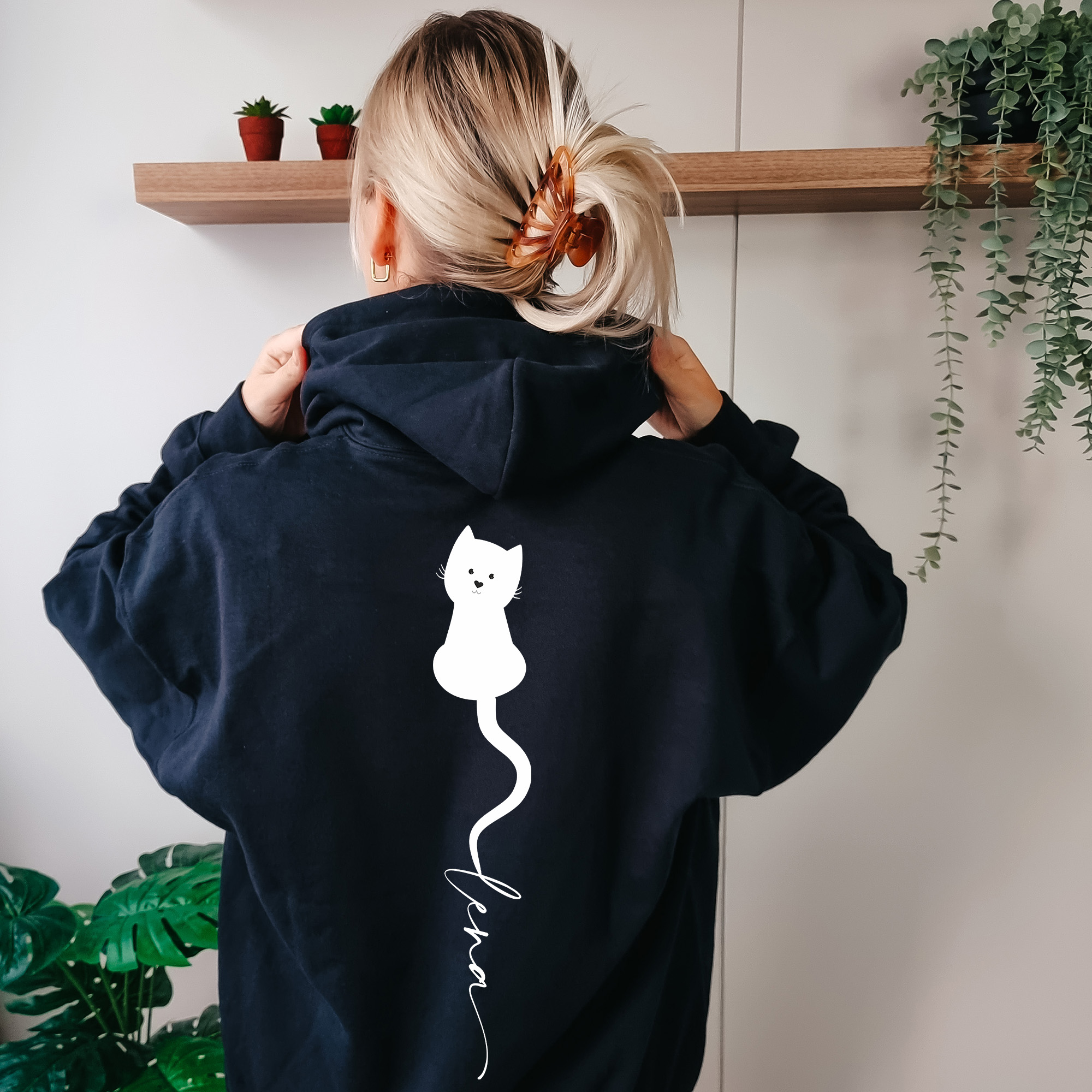 Personalisierter Kapuzenpullover Unisex Sweater Fineline Tattoo Katze mit Gesicht