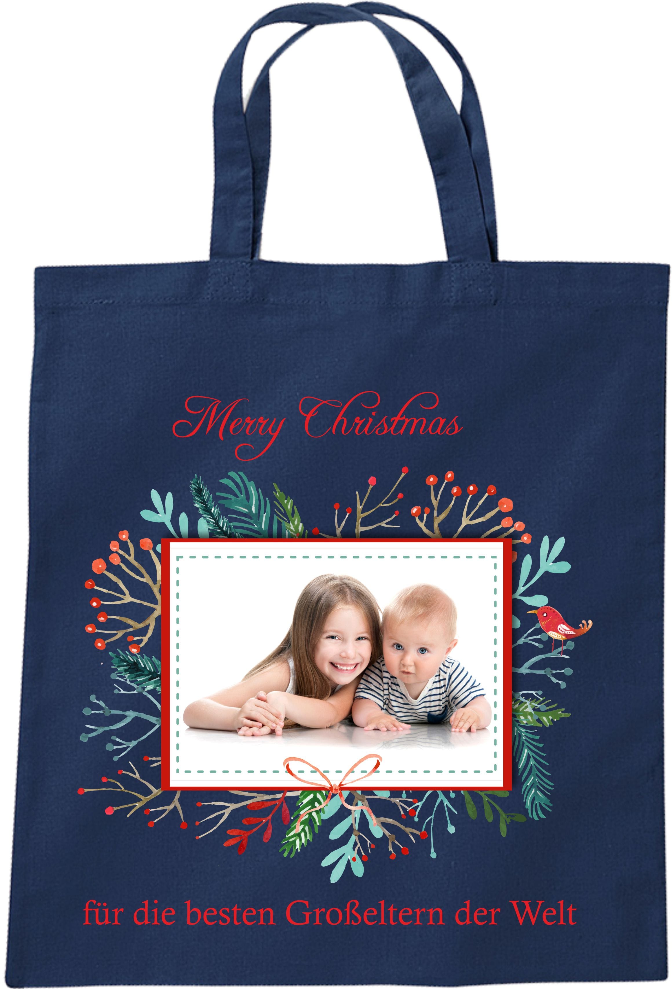 Stofftasche zu Weihnachten Geschenktasche mit Foto und Namen blau Kranz