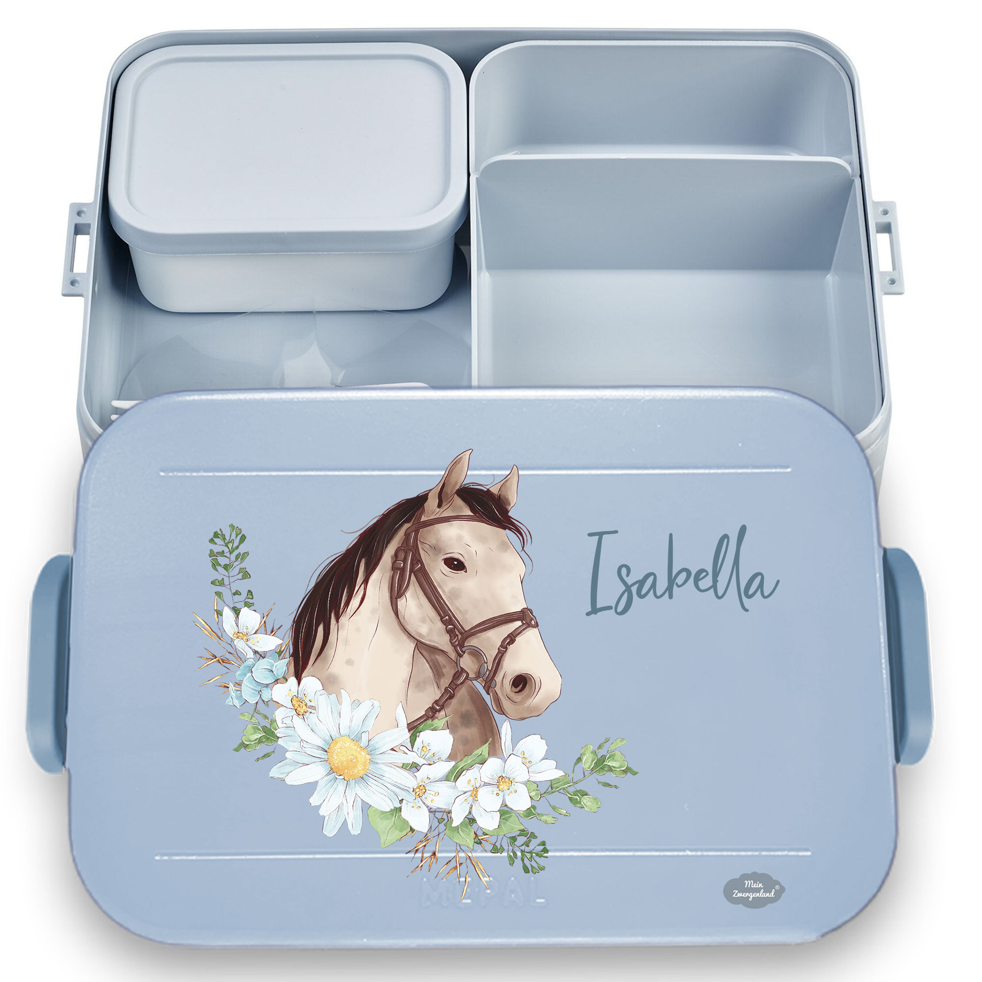 Lunchbox Take a Break Large 1,5L in Nordic Blue mit Namen und Motiv Pferdekopf mit Blumen