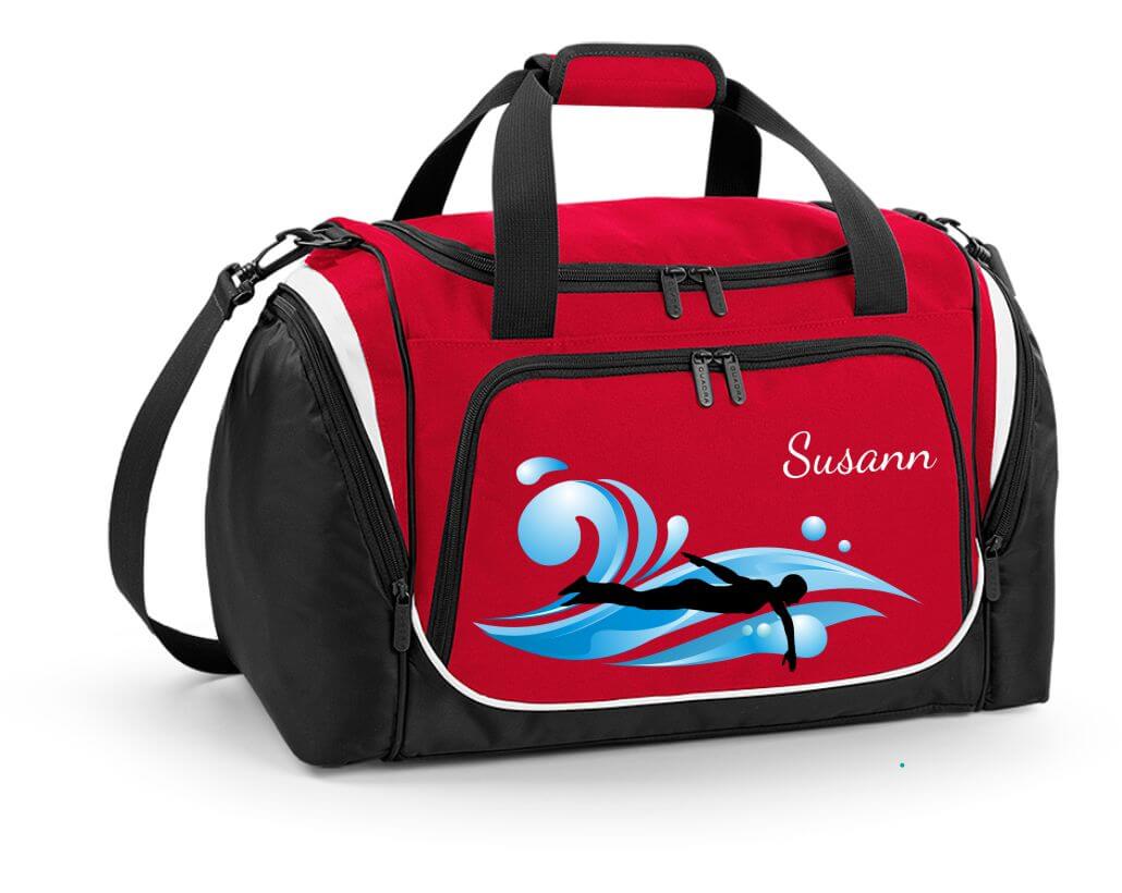 Sporttasche 39L mit Feuchtfach in Rot mit Name und Schwimmen