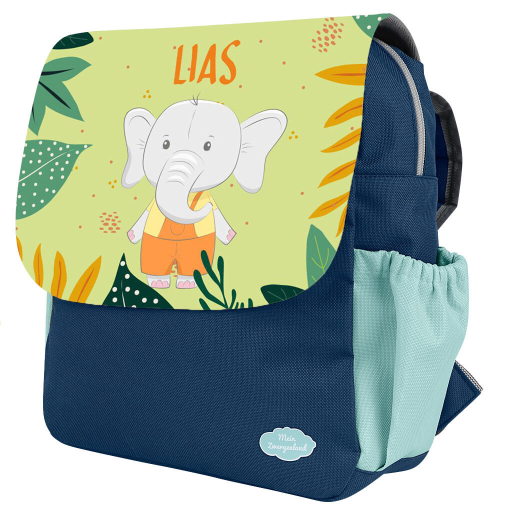 Kindergartenrucksack Happy Knirps NEXT Print mit Name Blau Elefant im Dschungel