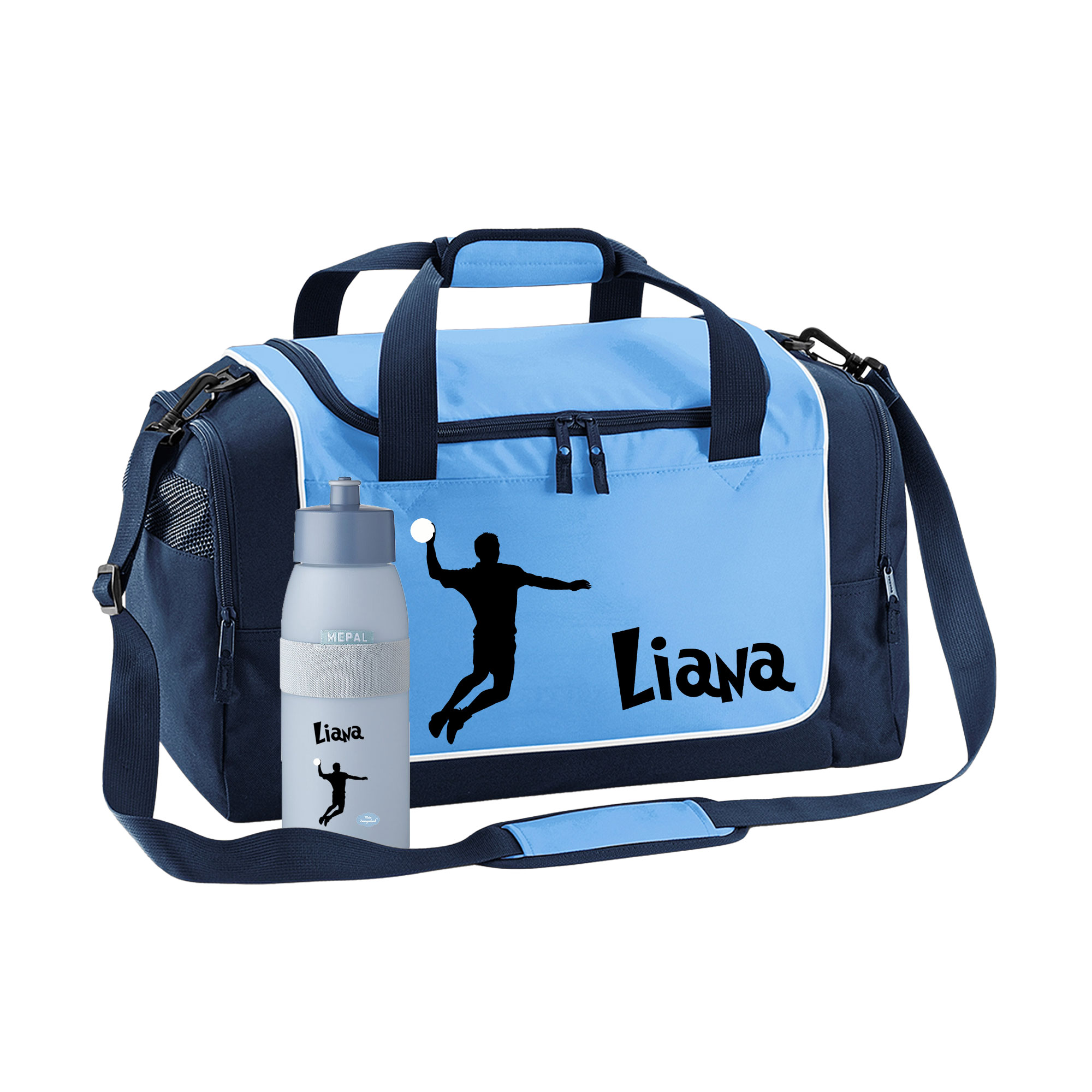 Sporttasche mit Trinkflasche 38L in Sky Blue mit Name und Motiv Handball