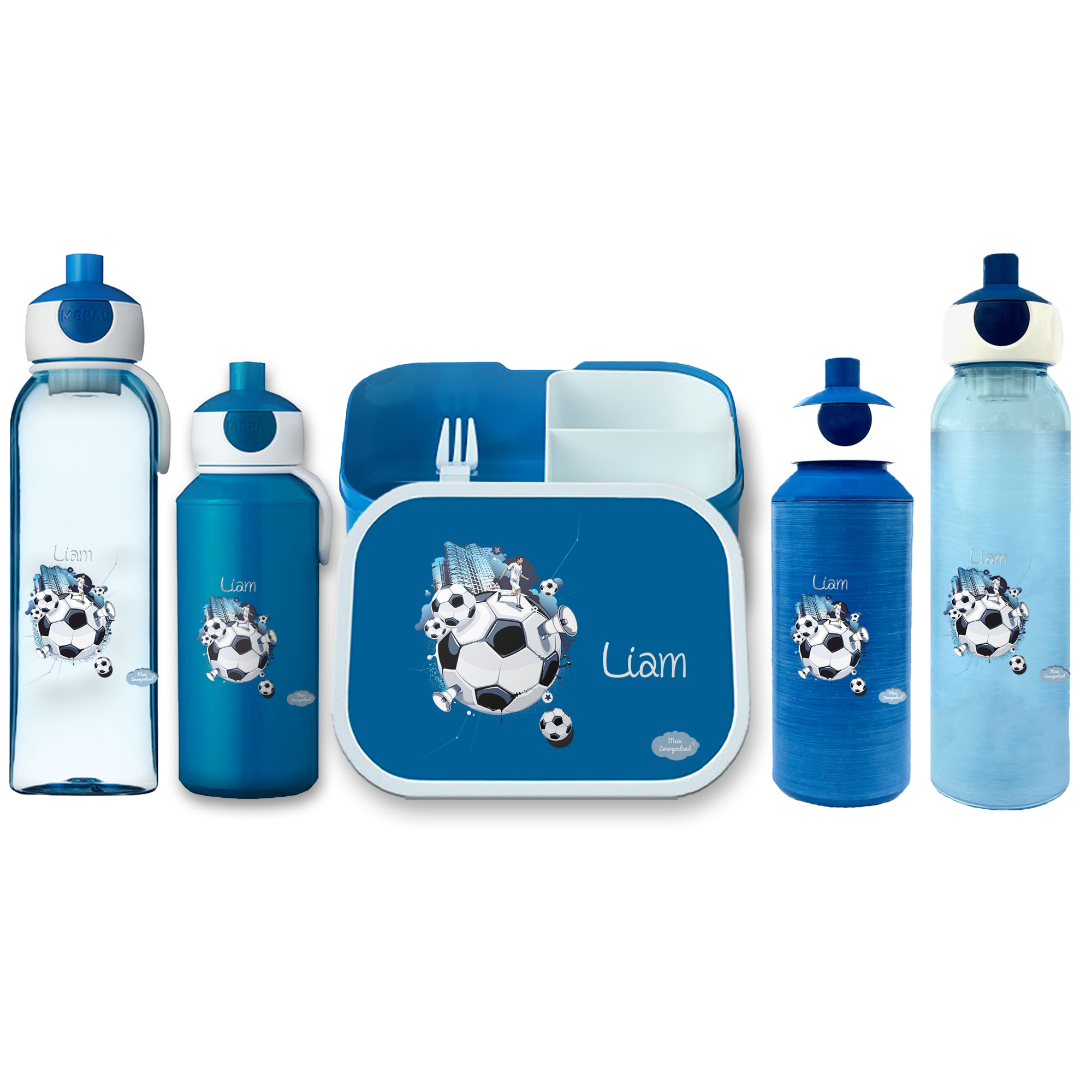 Brotdose Campus mit Bento-Einsatz - Trinkflasche Blau mit Name und Motiv Soccer City