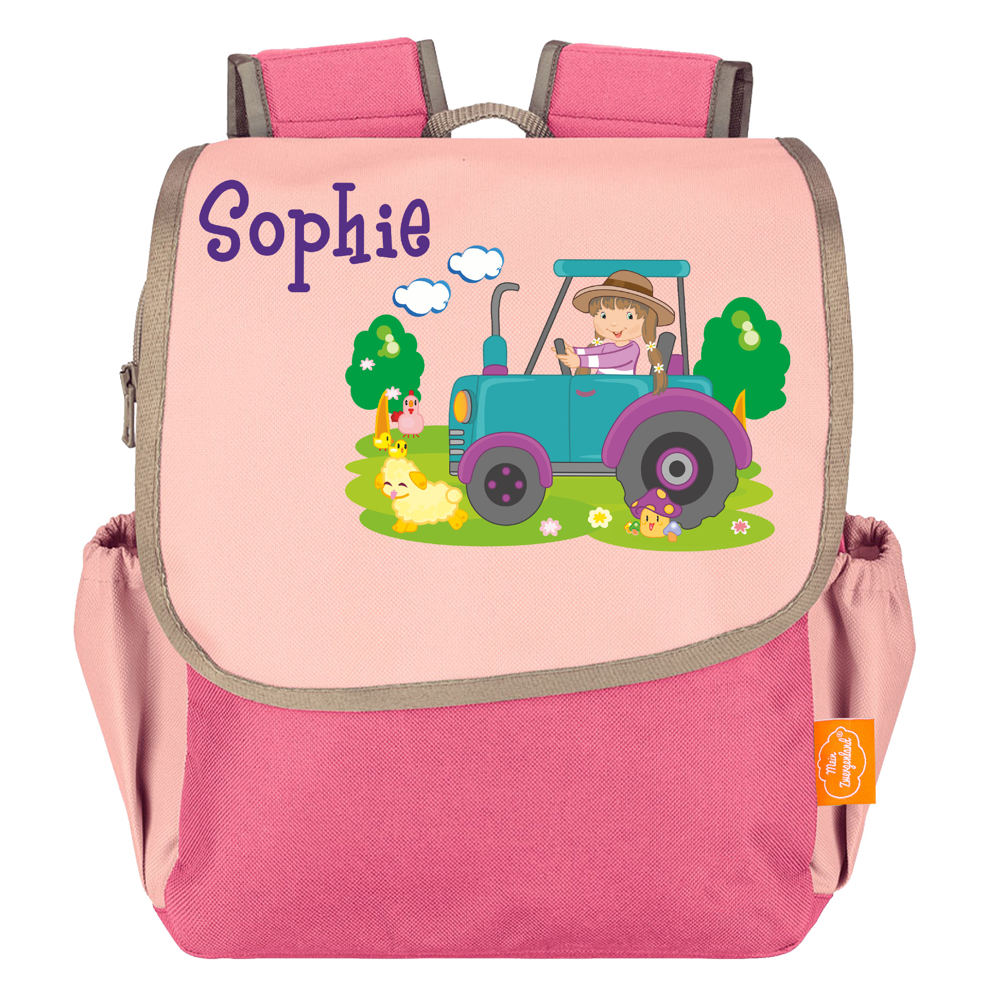 Kindergartenrucksack Happy Knirps NEXT mit Name Pink Traktor Bauernhof Mädchen