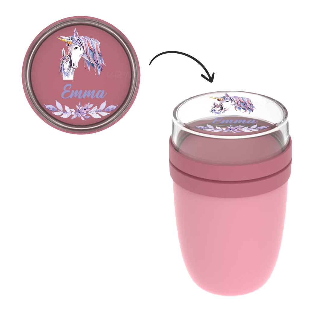 Thermo Insulated Lunchpot Ellipse Müslibecher in Nordic Pink mit Name und Einhorn Watercolor