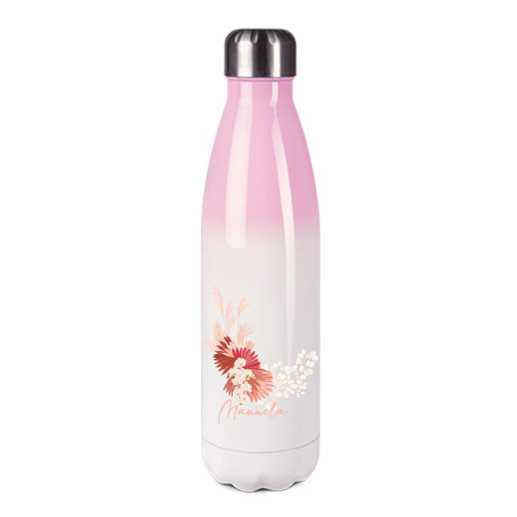 Thermosflasche 500 ml in Rosa mit Name und Blumen