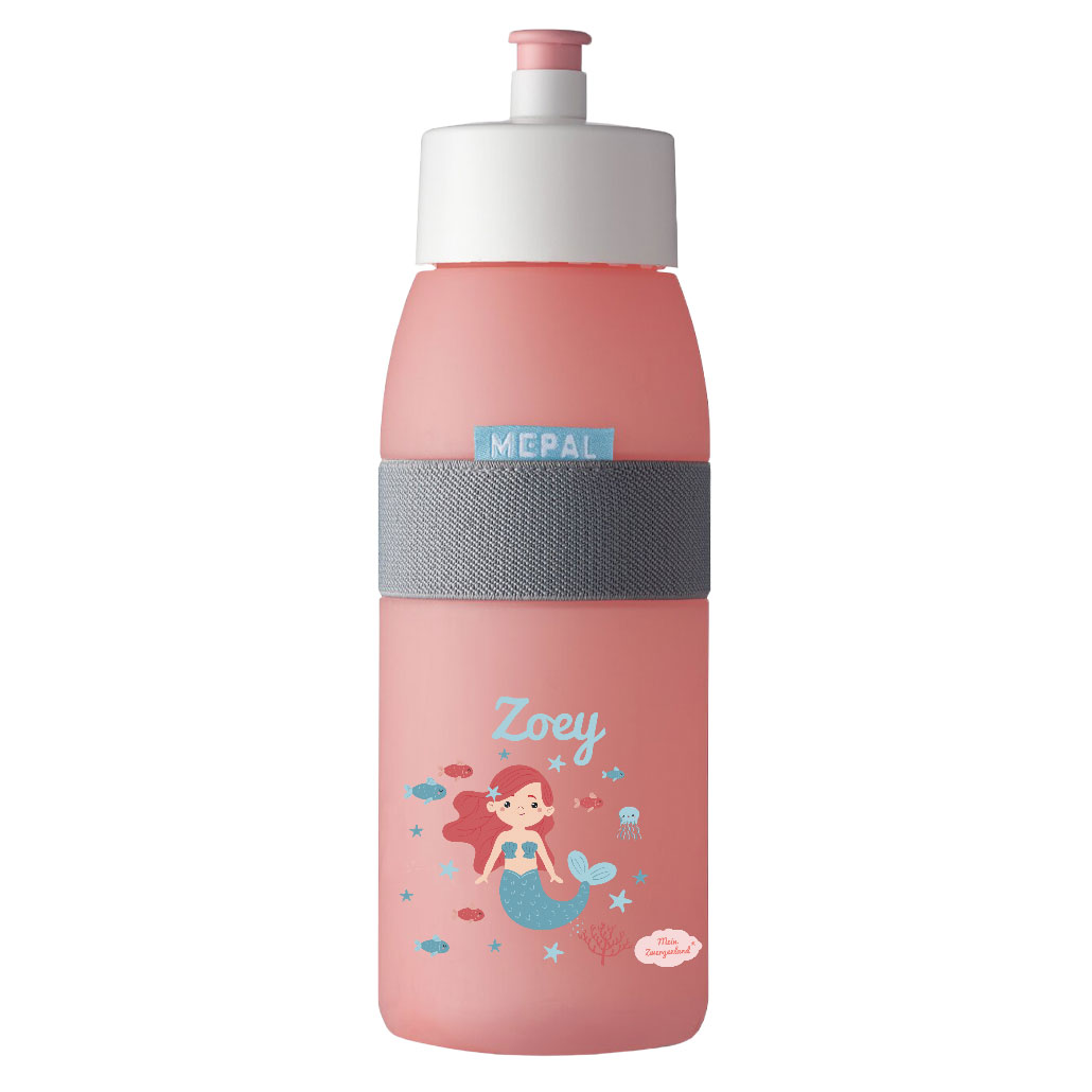 Sporttrinkflasche Ellipse in Nordic Pink mit Name und Motiv Meerjungfrau