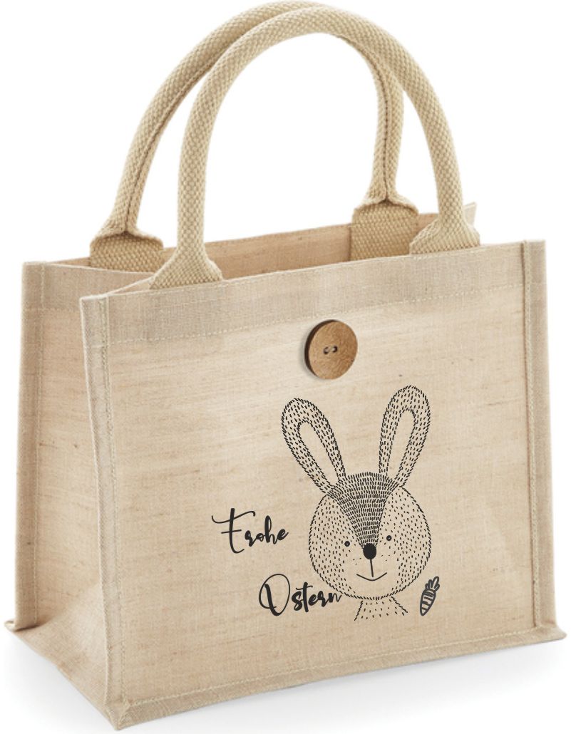 Kleine Jute Shopper Tasche mit Name und Motiv Frohe Ostern Hase