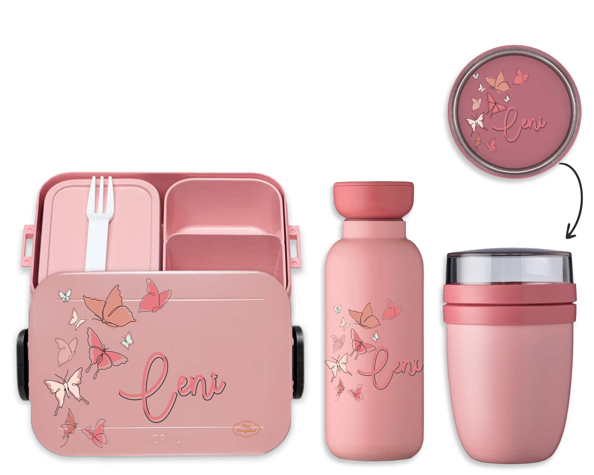 Bento Brotdose Take A Break midi - Thermoflasche Ellipse in Nordic Pink mit Name und Schmetterlinge