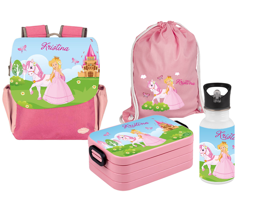 Set 5 Rucksack Happy Knirps NEXT Print - Brotdose - Jutebeutel - Flasche Pink Prinzessin