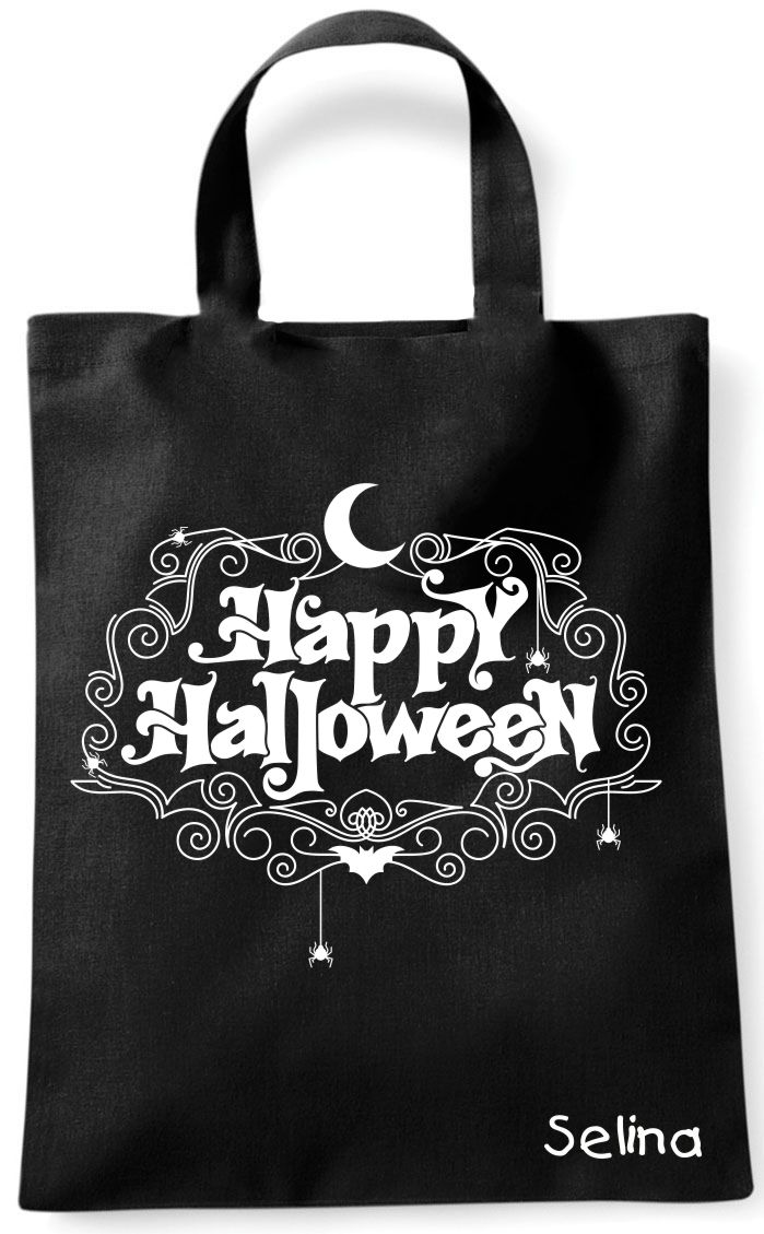Sammeltasche Stofftasche mit eigenen Namen mini schwarz Happy Halloween Mond