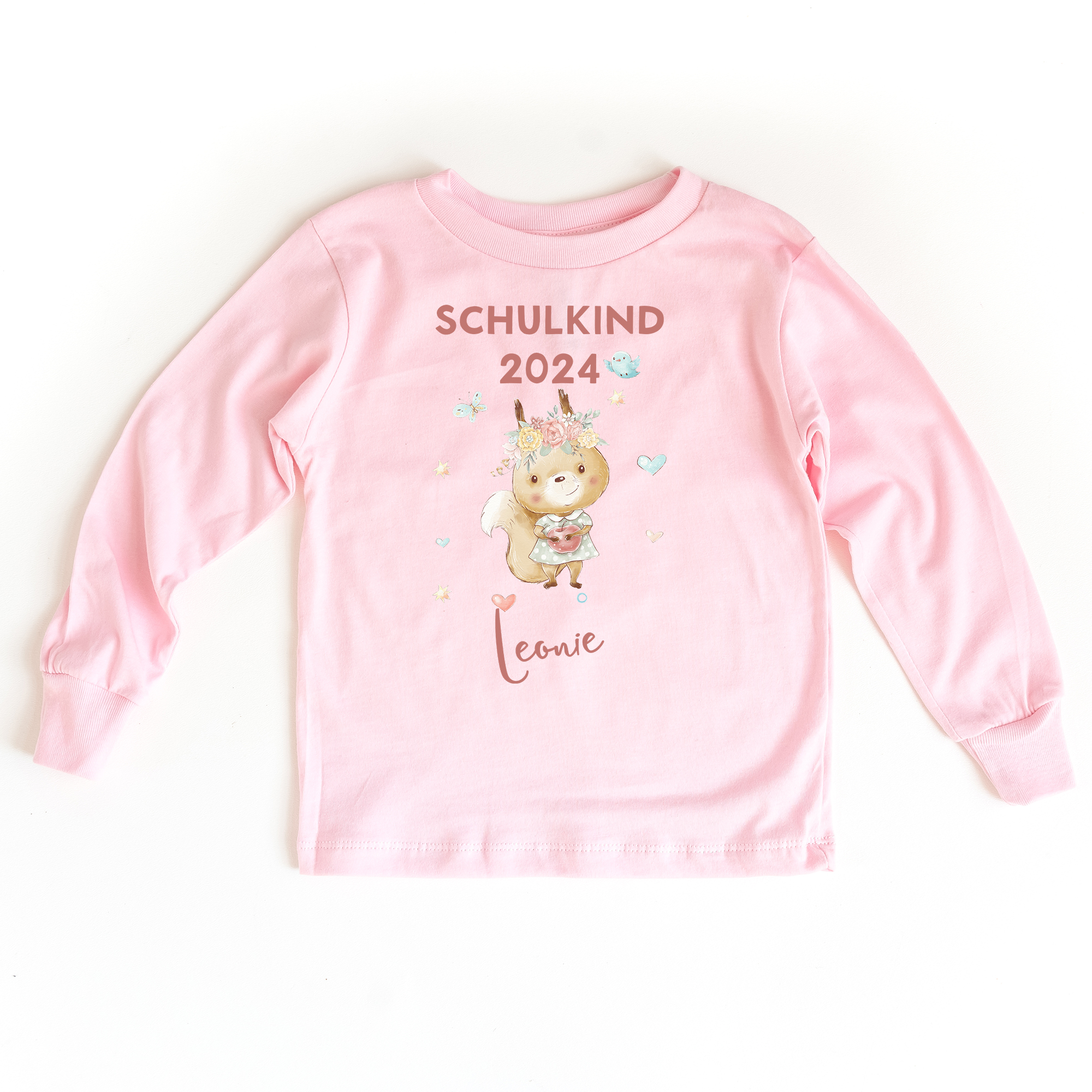 Sweatshirt zum Schulanfang in rosa mit Name und Motiv Eichhörnchen