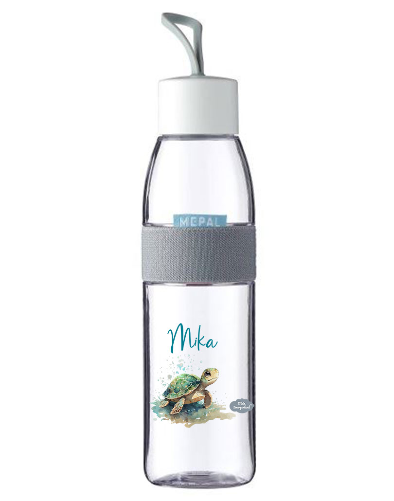 Trinkflasche Ellipse für kohlensäurehaltige Getränke in Weiß mit Name und Motiv Schildkröte Watercolor