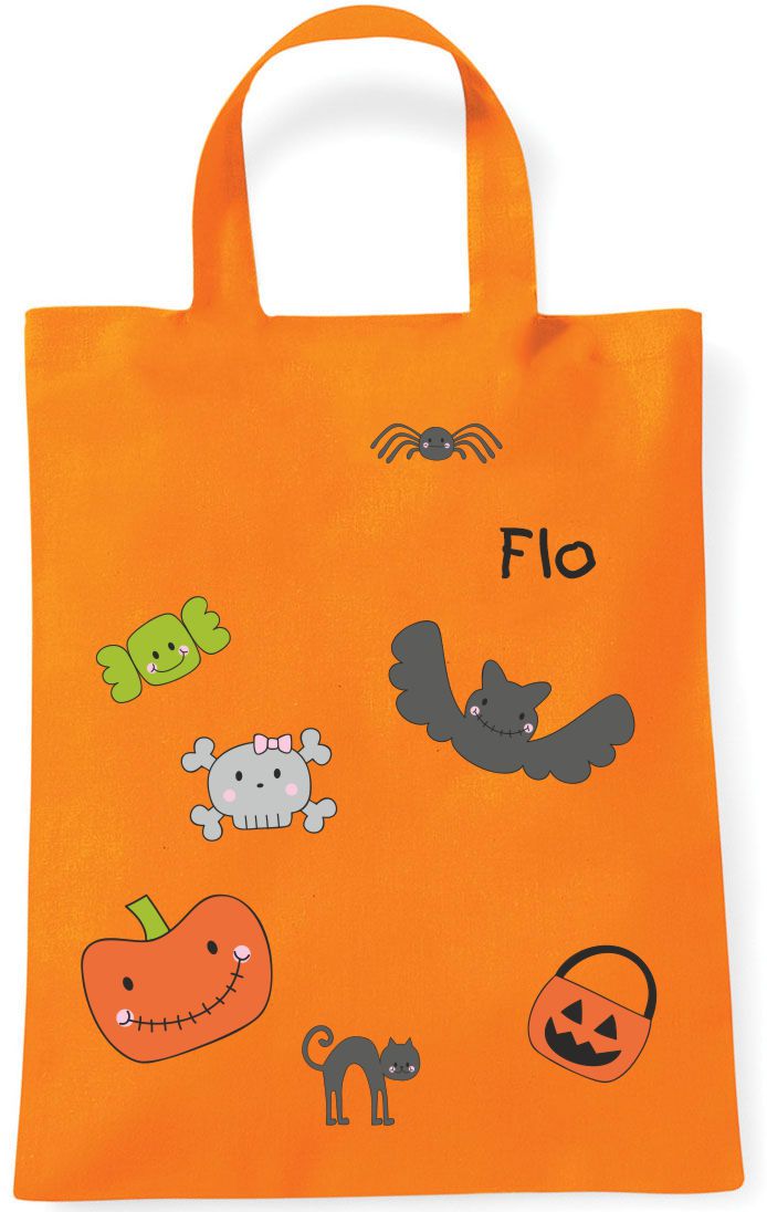 Sammeltasche Stofftasche mit eigenen Namen mini orange Happy Halloween bunt