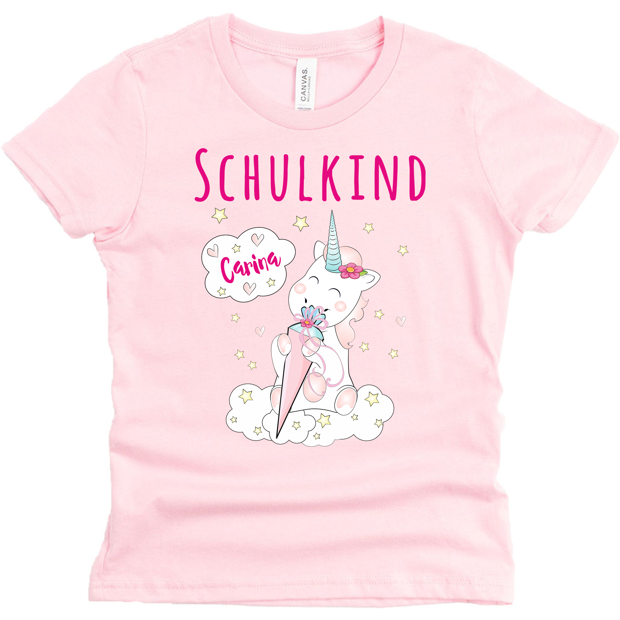 Schulanfangsshirt in rosa mit Name und Motiv Einhorn Cutie mit Schultüte