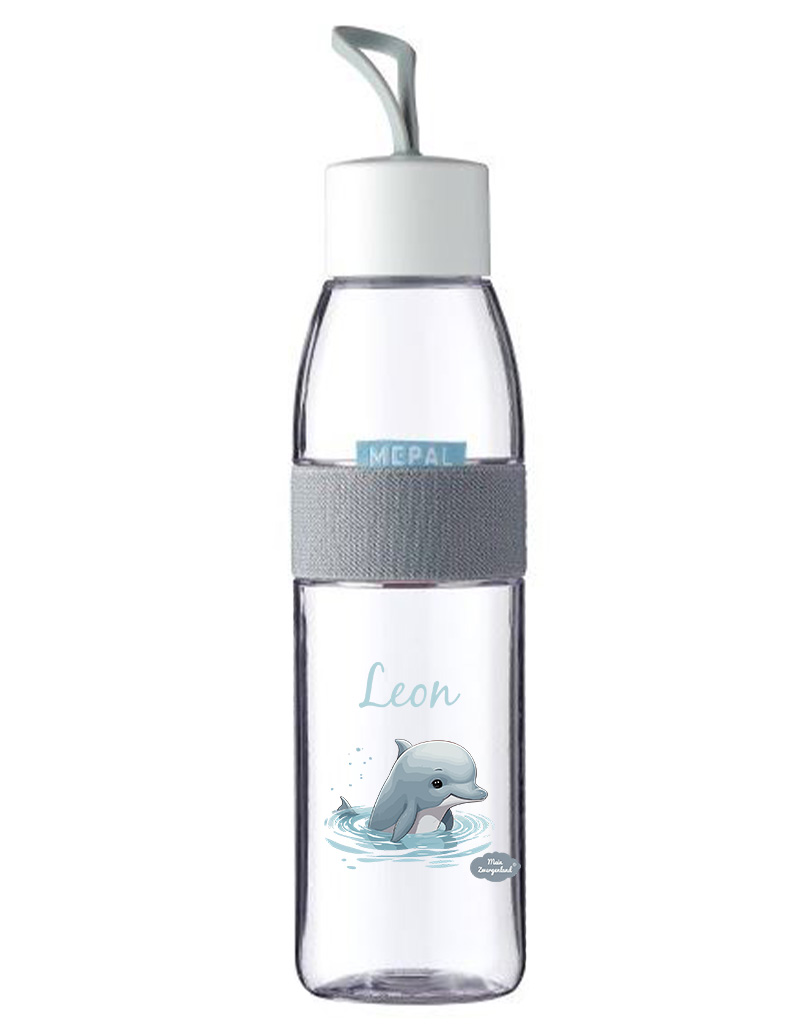 Trinkflasche Ellipse für kohlensäurehaltige Getränke in Weiß mit Name und Motiv Delphin