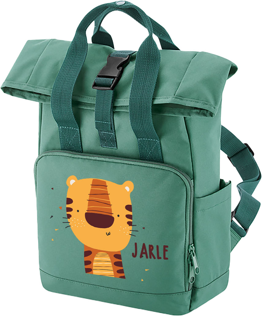 Kinderrucksack Roll-Top Recycled Sage Green mit Name und Motiv Tiger