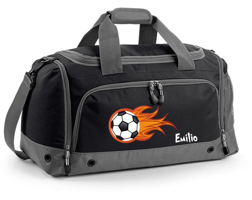 Multi-Sporttasche 41L mit Schuhfach und Feuchtfach in Schwarz mit Name und Feuerball