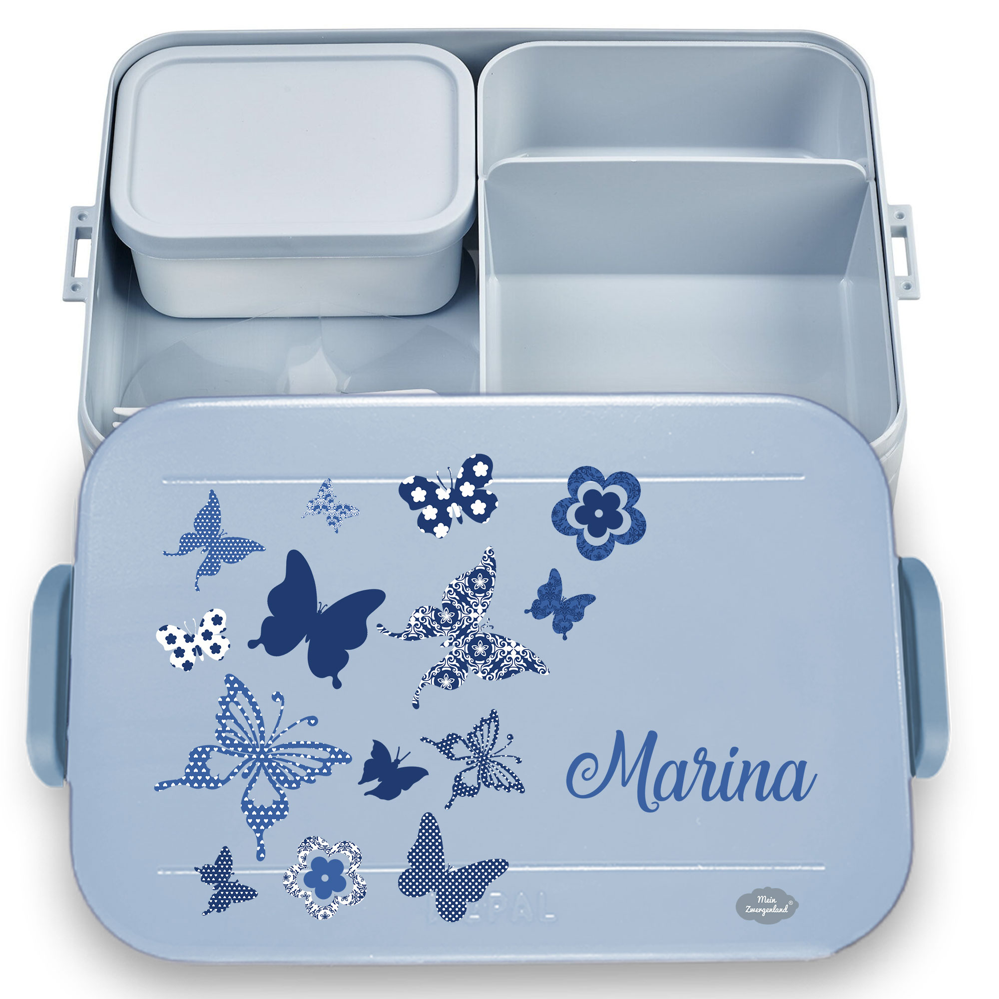 Lunchbox Take a Break Large 1,5L in Nordic Blue mit Namen und Motiv Schmetterlinge