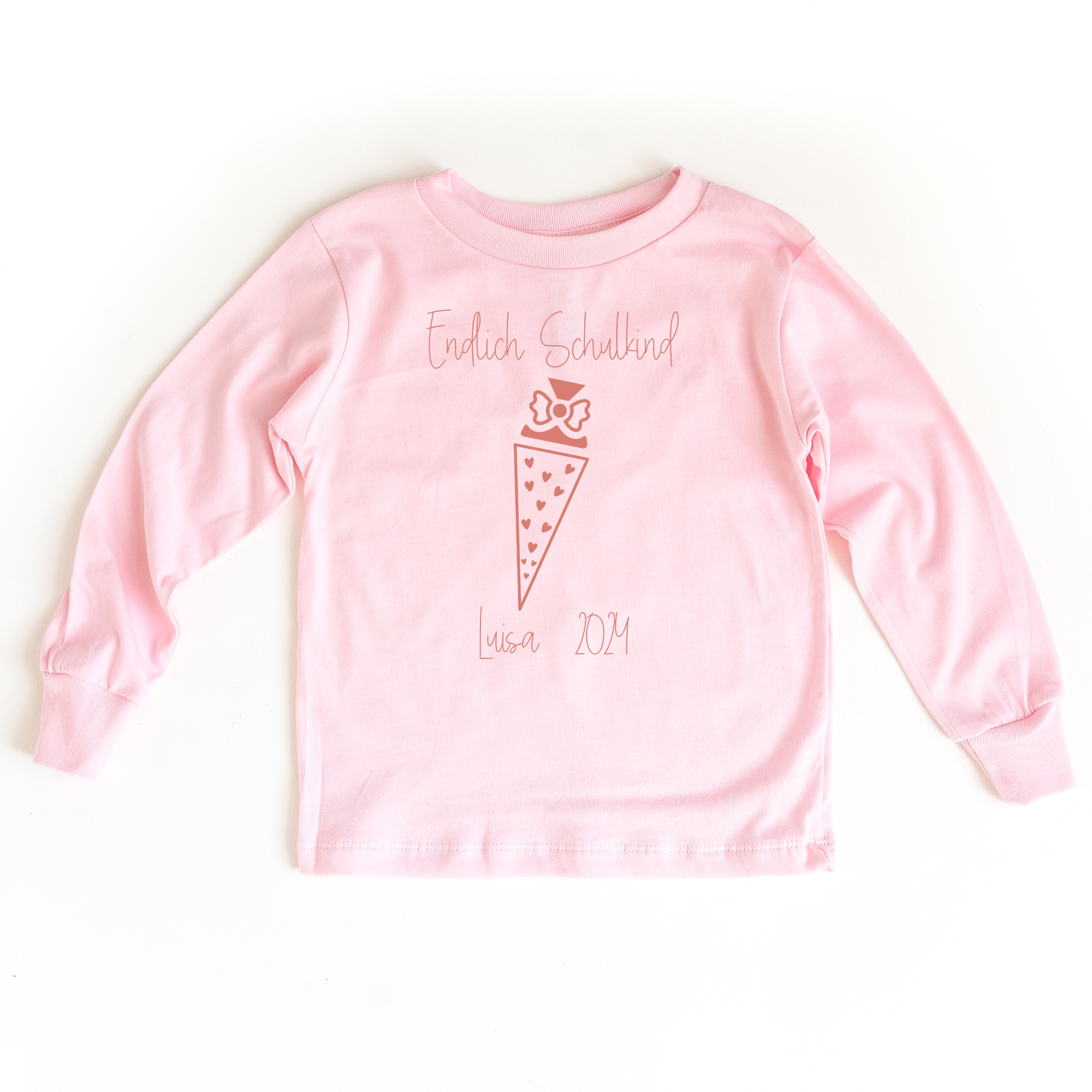 Sweatshirt zum Schulanfang in rosa mit Name und Motiv Schultüte Herzen
