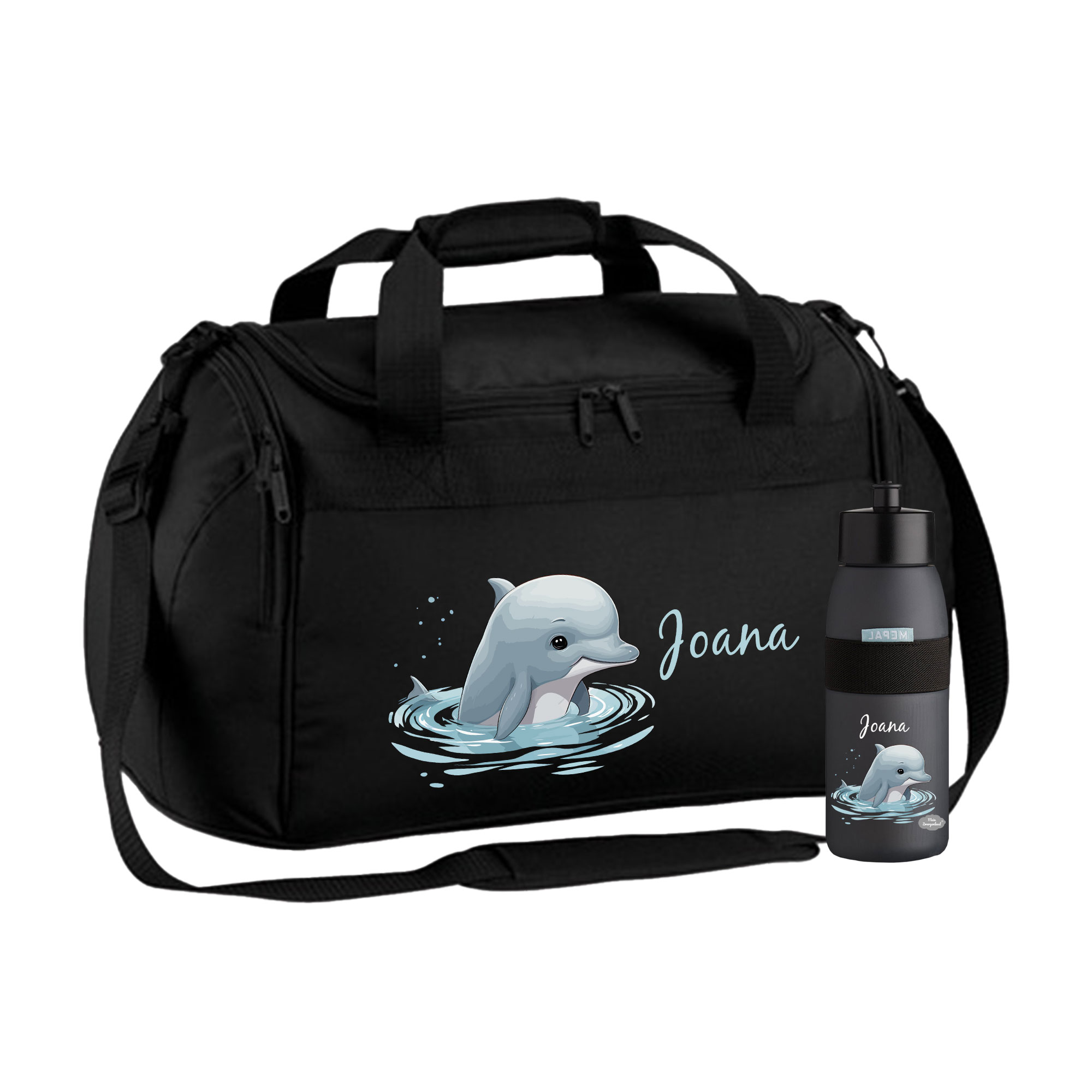 Sporttasche mit Trinkflasche 26L in Schwarz mit Name und Motiv Delphin