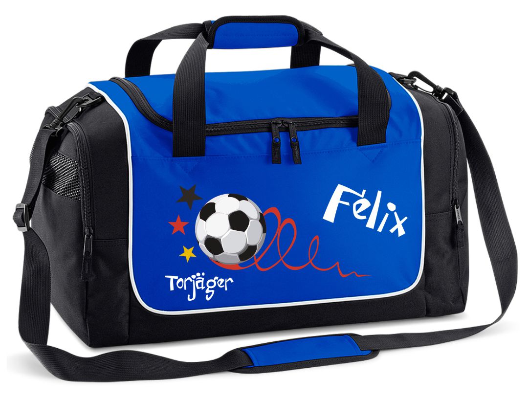 Sporttasche 38L in Royal Blau mit Name und Torjäger Fußball