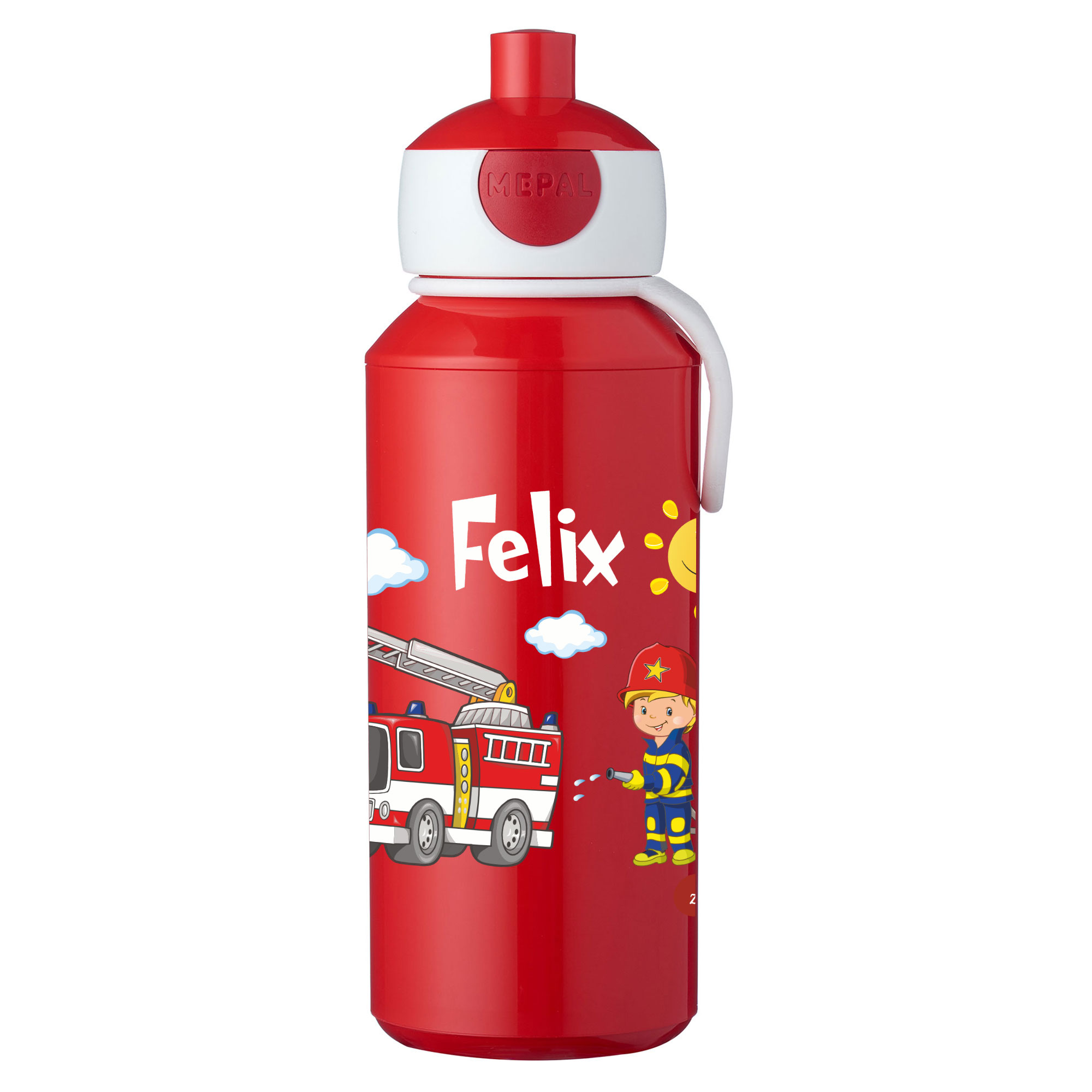 Trinkflasche Mepal Campus Pop-Up in Rot mit Namen und Motiv Feuerwehr