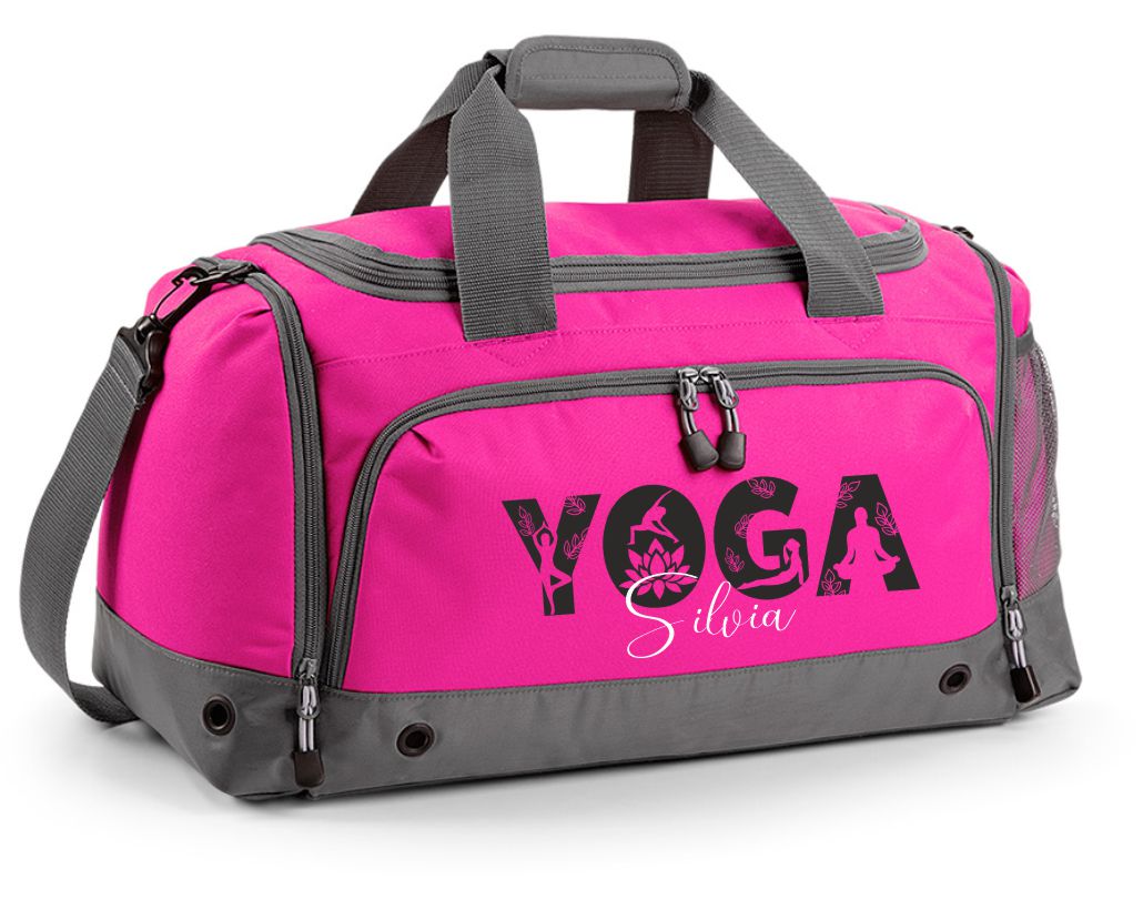 Multi-Sporttasche 41L mit Schuhfach und Feuchtfach in Fuchsia mit Name und Yoga