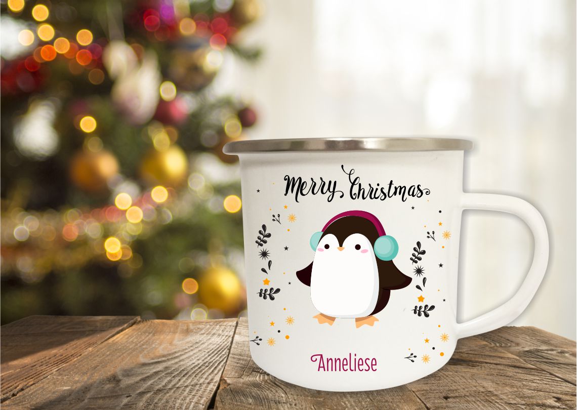 Emailletasse Weihnachten Pinguin mit Name