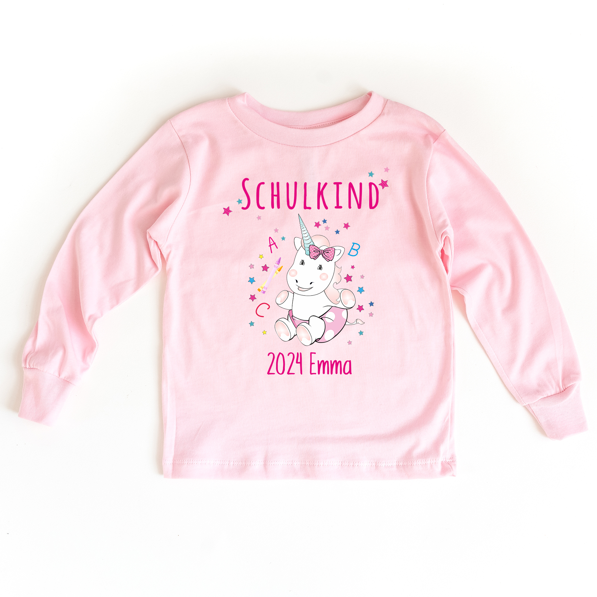 Sweatshirt zum Schulanfang in rosa mit Name und Motiv Einhorn Cutie ABC