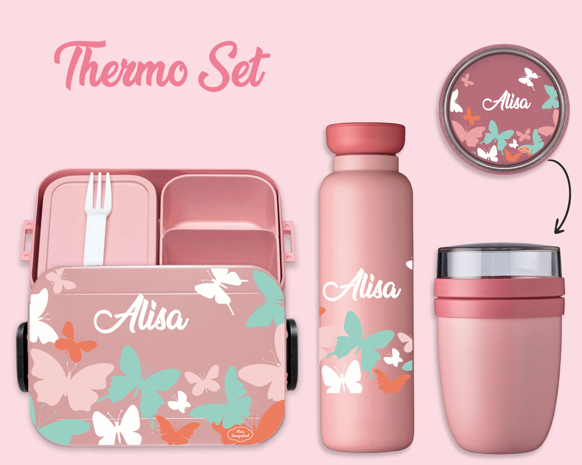 Bento Brotdose Take A Break midi - Thermoflasche Ellipse Nordic Pink mit Name Schmetterlinge pastell