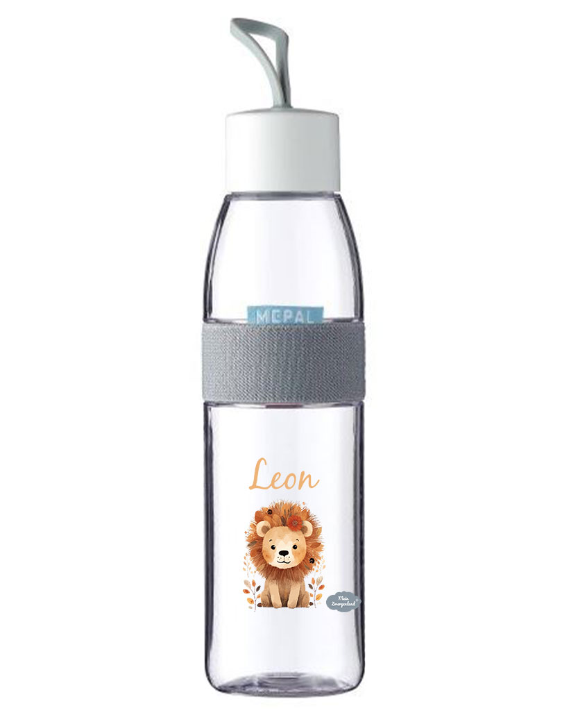 Trinkflasche Ellipse für kohlensäurehaltige Getränke in Weiß mit Name und Motiv Löwe mit Blätter